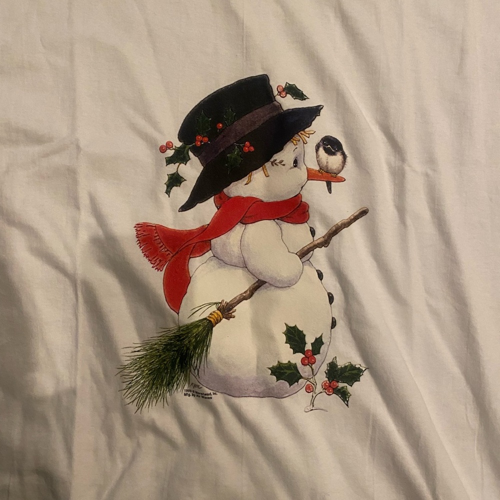 ‘99 Vintage Y2K Hanes Comfort T Shirt Winter Snowman Ruth Morehead Christmas XXL